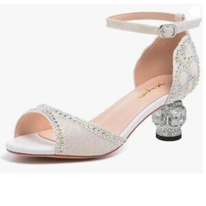 XYD White Glitter Bridal Evening Peep Toe Rhinestone Studs Block Low Heel Sandal